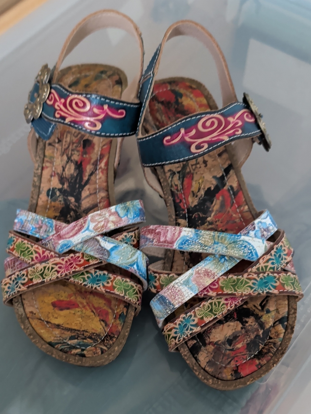 L'ATISTE Multicolor Floral Strap Sandals with Blue Ankle Accent